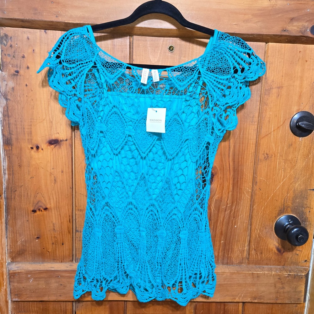 Madison Turquoise Crochet Lace Cap Sleeve Blouse Lined Boho Top Teal Blue Medium